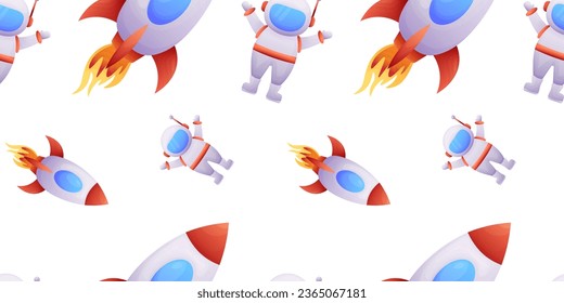 seamless pattern with cartoon space rockets and an astronaut on a white background. vector illustration of wallpaper, packaging, banner, wrapper