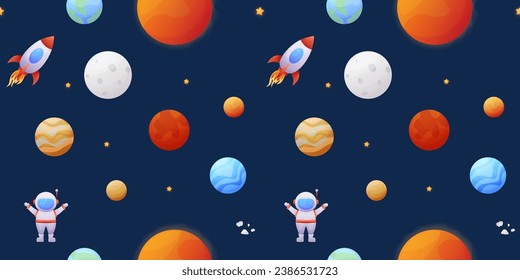 seamless pattern with cartoon space rockets, planets, stars, astronaut. vector illustration of wallpaper, packaging, banner or wrapper