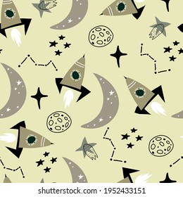 seamless pattern with cartoon spaceship, moon,  planets, decor elements. Colorful vector flat style for kids. Space. hand drawing. baby design for fabric, print, wrapper, textile