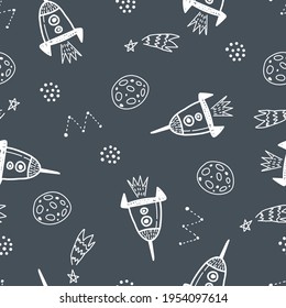 seamless pattern with cartoon spaceship, planets, stars, decor elements. Colorful vector flat style for kids. Space. hand drawing. baby design for fabric, print, wrapper, textile