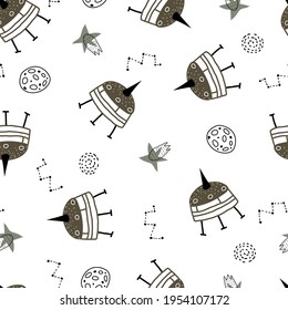 seamless pattern with cartoon spaceship, planets, stars, decor elements. Colorful vector flat style for kids. Space. hand drawing. baby design for fabric, print, wrapper, textile