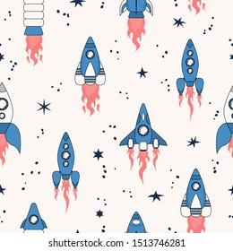 Seamless pattern with cartoon spaceships, rocketships and spacecrafts for astronauts. Shuttle background. Space texture for kids fabric.
