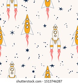Seamless pattern with cartoon spaceships, rocketships and spacecrafts. Shuttle for astronauts background. Space texture for kids fabric.
