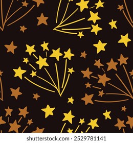 Seamless pattern cartoon of sparkling stars and fireworks at night. It is a pattern to night of Celebration. Pattern for fabric and wrapping paper, Pattern for design wallpaper and fashion prints.