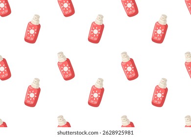 Patrón sin fisuras con botellas de protector solar de dibujos animados SPF 50. Estilo de dibujos animados. Fondo de Vector de cuidado de la piel de verano 