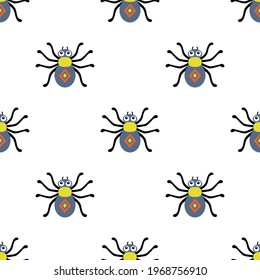 seamless pattern with cartoon spider on white background, cute bugs vector illustration