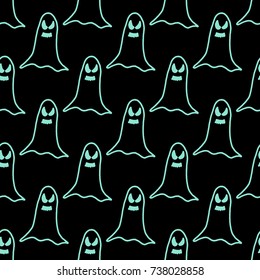 seamless pattern of cartoon spooky scary ghosts character, hand-drawn ghosts with various expressions, funny night symbol for halloween celebration