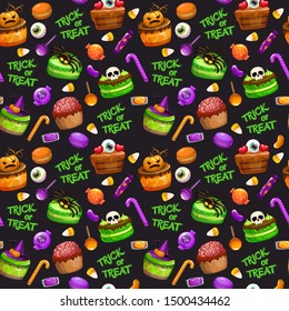 Seamless pattern with cartoon spooky traditional Halloween sweets on black background. Vector holiday texture.