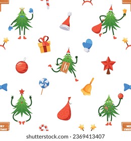 Seamless Pattern with Cartoon Spruce Tree Character, Santa Claus sack, Gifts, Hat, Bauble and Holiday Sweets