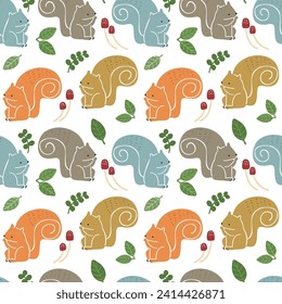 Seamless Pattern with Cartoon Squirrel and Leaf Design on White Background