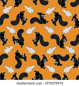 seamless pattern with cartoon squirrel and oak leaves,  vector design for paper, fabric and other surface