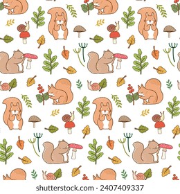 Seamless Pattern with Cartoon Squirrel, Snail, Mushroom and Leaf Design on White Background