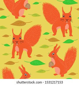 Seamless pattern of cartoon squirrels and leaves. Autumn repeatable textile vector, wallpaper design.