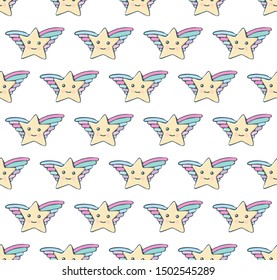 Seamless pattern cartoon star. Children's Doodle style background. Kawaii star vector with wings and smile. Cute star illustration for kids. Baby shower little stars in kawaii style.