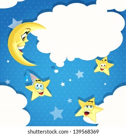 Seamless pattern of cartoon stars, moon and clouds