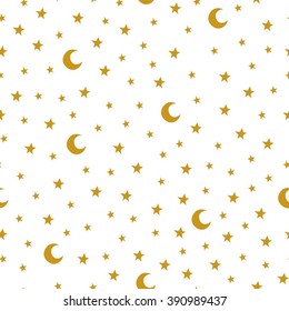 Seamless pattern with cartoon stars and moon on white background. Can be used for wallpaper, pattern fills, greeting cards, webpage backgrounds, wrapping paper or fabric. Vector illustration. EPS 10.