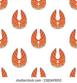 seamless pattern with cartoon steak salmon, vector illustration slice of fish for grill on white background