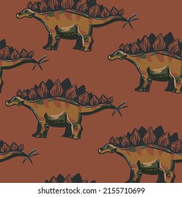 Seamless pattern with cartoon stegosaurus. Background with dino for textile, fabric, kids, boy, wrapping paper, Web, clothes, socks and other design.