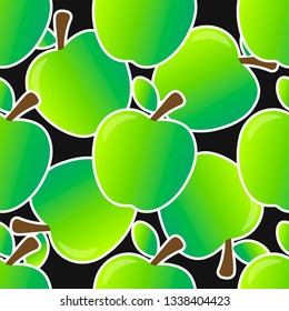 Seamless pattern of cartoon sticker with contour of fresh green ripe juice shiny apple with reflection, stem and leaf. Isolated on black background. Editable vector EPS 10 illustration.