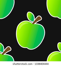 Seamless pattern of cartoon sticker with contour of fresh green ripe juice shiny apple with reflection, stem and leaf. Isolated on black background. Editable vector EPS 10 illustration.