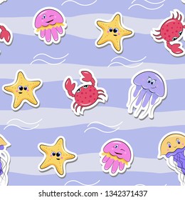 Seamless pattern with cartoon stickers. Different sea creatures such as jellyfish, starfish, crab on the blue background.