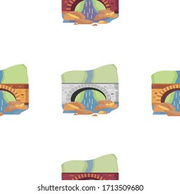 Seamless pattern of cartoon stone bridge with river, waterfall and some green trees icon - vector flat illustration isolated on white background. Design for textile, fabric, web and ets.
