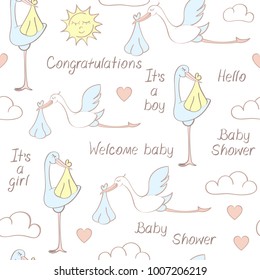 Seamless pattern with cartoon storks, babies and phrases. Suitable for wallpaper, wrapping or textile