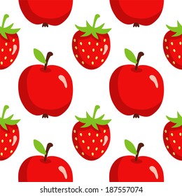 Seamless pattern with cartoon strawberries and apples on a white background - vector 