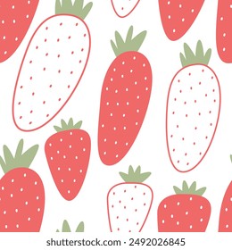 Patrón sin costuras con fresas de dibujos animados. Vector colorido. dibujo a mano, estilo plano. diseño para tela, impresión, textil, envoltura
