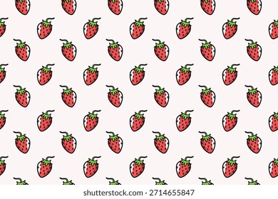 Seamless pattern of cartoon strawberries on a light pink background. Bright, playful fruit design perfect for textiles, wallpapers, packaging, stationery, and cheerful modern graphic projects