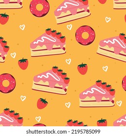seamless pattern cartoon strawberry cake and doughnut. cute food wallpaper for textile, gift wrap paper