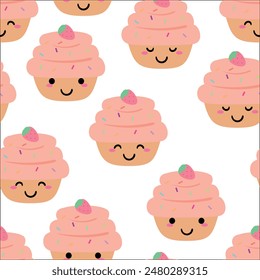 Seamless pattern with cartoon strawberry cup cakes, for fabric prints, textiles, gift wrapping paper. children's colorful vector, flat style