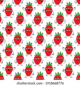 Seamless pattern with cartoon strawberry in different poses with funny face. Creative print for apparel, decoration, packaging, wrapping paper etc. Colorful vector illustration.