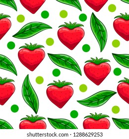 Seamless pattern with cartoon strawberry and leaves