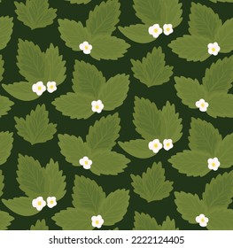 Patrón sin foco con hojas de fresa de dibujos animados y flores sobre fondo verde oscuro. Textura tirada a mano plana botánica con ramo de follajes y flores para tejidos y tapicería