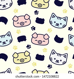 Seamless pattern of cartoon style animal, with cats and pigs character in light background.
