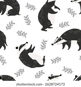 Seamless pattern with cartoon style badgers characters and decorative leaf design elements repeated on white background.