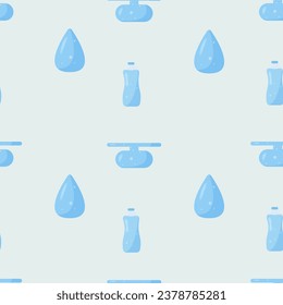 Patrón sin foco en el estilo de las caricaturas. Una botella de agua, una gota, una báscula, como símbolo de equilibrio de agua. Vector eps 10.
