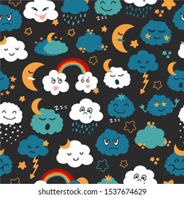 Seamless pattern in cartoon style with characters - clouds, sun, moon, rain, stars, rainbow. Hand drawn illustration on weather forecast theme. Funny emotions, feelings. Dark background. Kids design.