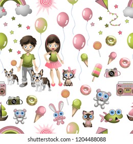 Seamless pattern in the cartoon style with children, toys, pets, sweets, ice cream, balloons. Child concept wallpaper texture.