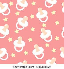 Patrón sin fisuras en el estilo de las caricaturas para los textiles de los niños, papel pintado, embalaje, sitios. Bebé pacificador blanco y estrellas de fondo rosado.