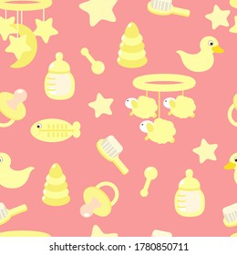 Seamless pattern in cartoon style for children's textiles, wallpaper, packaging, sites. Baby items feeding bottle, comb, mobile, dummy, yellow rattle on a pink background.