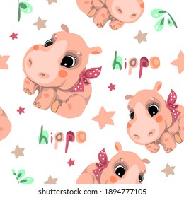 Seamless pattern in cartoon style, children's theme with fun and attractive hippo. Vector illustration without outlines on a solid background.