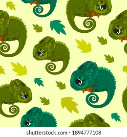 Seamless pattern in cartoon style, children's theme with fun and attractive chameleon. Vector illustration without outlines on a solid background.