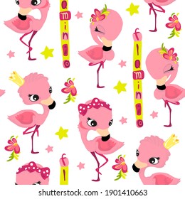 Seamless pattern in cartoon style, children's theme with fun and attractive flamingo. Vector illustration without outlines on a solid background.