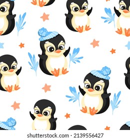 Seamless pattern in cartoon style, children's theme with fun and attractive penguin. Vector illustration without outlines on a solid background.