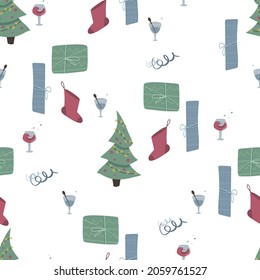 Seamless pattern in cartoon style. Christmas or New Year theme. Flat vector illustration for postcards, gift paper, printing on fabric
