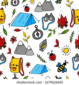 Seamless pattern in cartoon style. Compass, mountains, backpack, bonfire, fanar, insects, sun on an isolated white background. Nature, forest holidays, camping. Stock vector illustration.