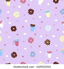 Seamless pattern in cartoon style cup and donut. Vector illustration. For cloth, wrapping paper, fabric, banner, cover.