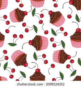 Seamless pattern in cartoon style with cupcakes and cherry on white background. Design for t-shirt, packaging, wrapping paper and other uses.
